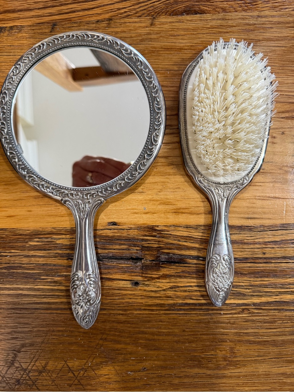 Vintage Silver Hand Mirror and Hair Brush Set - Cream Bristles